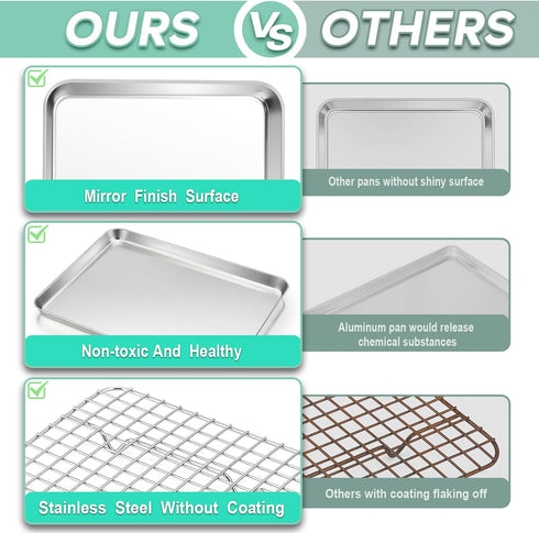 TeamFar Toaster Oven Pan with Cooling Rack Set, 10.5’’ x 8’’ Stainless Steel Baking Pan Tray with Mini Grid Rack
