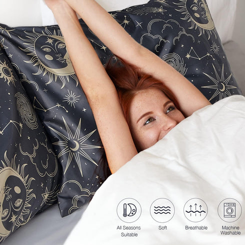 EXQ Home Satin Pillowcase Set of 2 for Hair and Skin - Black Printed Silk Pillowcase 20x26 inches with Envelope Closure