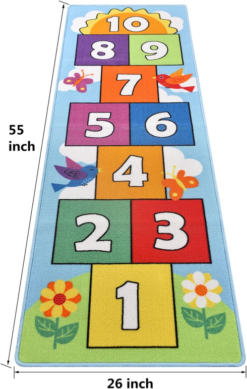 Count 3 7 26''x55'' Hop and Hopscotch Rug, Kids Floor Play Area Rug Game Carpet Crawl Jump Mat, Children Numbers