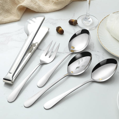 BEWOS 20-Piece Large Serving Utensil Set, Includes Spoons, Tongs, Forks, Cake Server, Stainless Steel, Dishwasher Safe