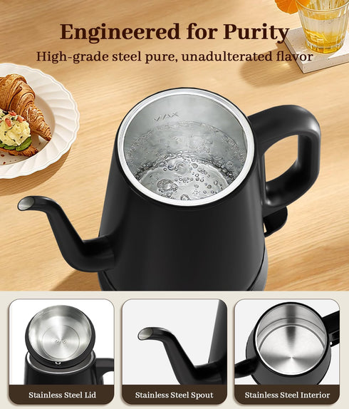 1L, 1000W 304 Gooseneck Electric Kettle Fast Boiling for Pour-Over Coffee & Tea, Stainless Steel BPA-Free, Precise Flow