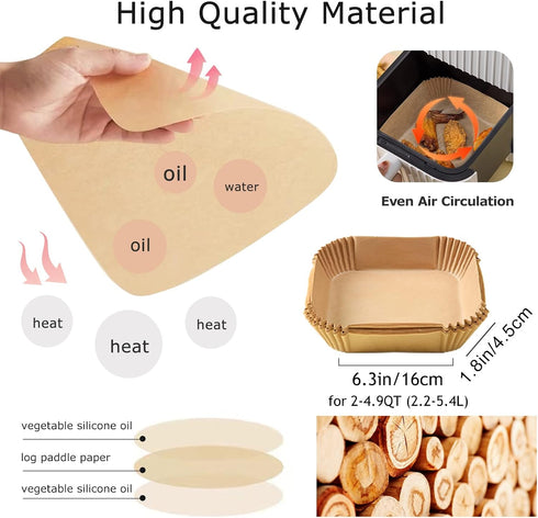 Palksky Air Fryer Paper Liners Disposable, 100Pcs Parchment Paper Square, Water-proof, Oil-proof, Non-stick for Airfryer