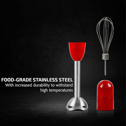 OVENTE Immersion Electric Hand Blender 300 Watt Power 2 Mix Speed with Stainless Steel Blades, Handheld Stick Mixer Set with Egg Whisk Attachment Mixing Beaker and BPA-Free Food Chopper, Red HS565R by OVENTE