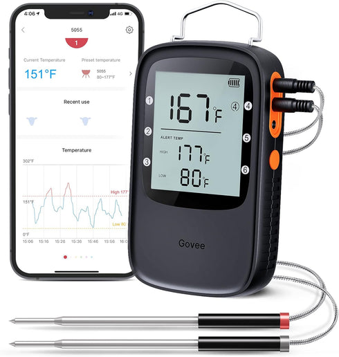Govee Bluetooth Meat Thermometer, Wireless Digital Grill Thermometer for Smoker Oven, 2 Probes, Timer Mode, Smart LCD