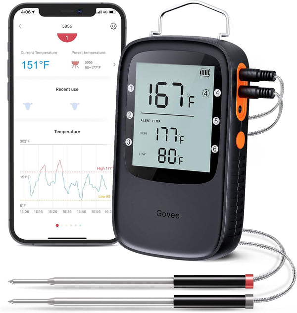 Govee Bluetooth Meat Thermometer, Wireless Digital Grill Thermometer for Smoker Oven, 2 Probes, Timer Mode, Smart LCD