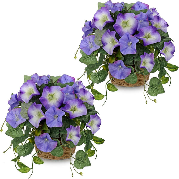 Briful 2 Pack Fake Morning Glory with Handwoven Basket - 8.2" Faux