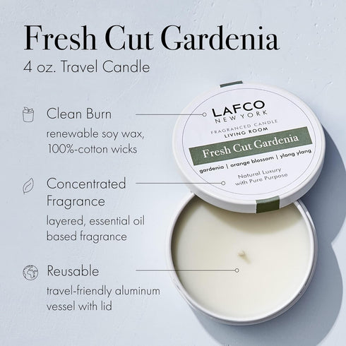 LAFCO New York Travel Candle, Fresh Cut Gardenia - 4 oz - 20-Hour Burn Time, Made in The USA
