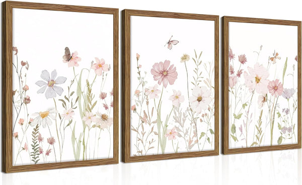 Zeredi Framed Wildflower Wall Art Set of 3, Pink Floral Canvas Wall Decor