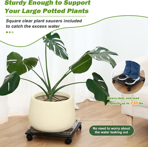 1 Pack 12" Metal Square Plant Caddy with Wheels Large Iron Rolling Plant Stand with Casters Heavy-Duty Plant Dolly