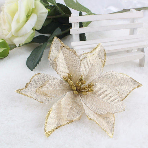12pcs Glitter Poinsettia Christmas Tree Ornament - Artificial Wedding Flowers for Xmas Tree Wreaths Decor (Red and Gold)