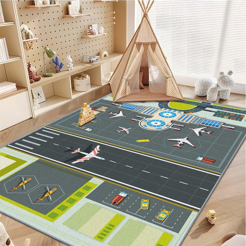 31x47in) Kids Rug,Children's Room Rug, Fun Airport Kids Play Mat,Aerodrome Traffic System Playmat Carpet, Rail City
