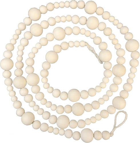 Wood Bead Garland Without Tassels - 84 Inch Natural Wooden Beads, 7 Feet Handmade Boho Decor for Coffee Table