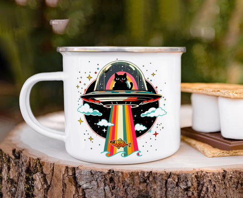 Retro UFO Cat Fish Abduction Enamel Campfire Mug - Fun Outdoor Camping Coffee Cup (16oz)