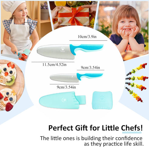 Kids Knife Set, 4 Pcs Safe Cooking Knives, Round Tip, BPA-Free Stainless Steel, Blue