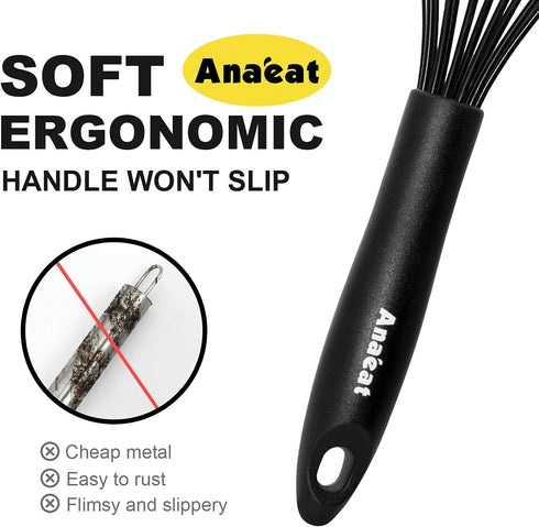 Anaeat 8.5" Silicone Balloon Whisk - Heat Resistant Kitchen Whisks for Whisking, Cooking, Baking (Black)