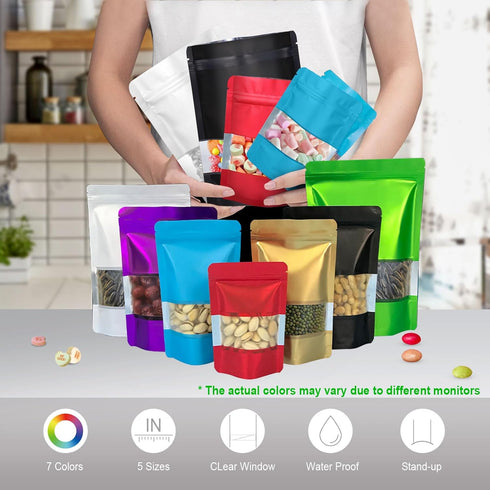 5.5"x7.8" 120pcs Smell Proof Mylar Bags for Food Storage, Stand-up Resealable Bags with Matte Window