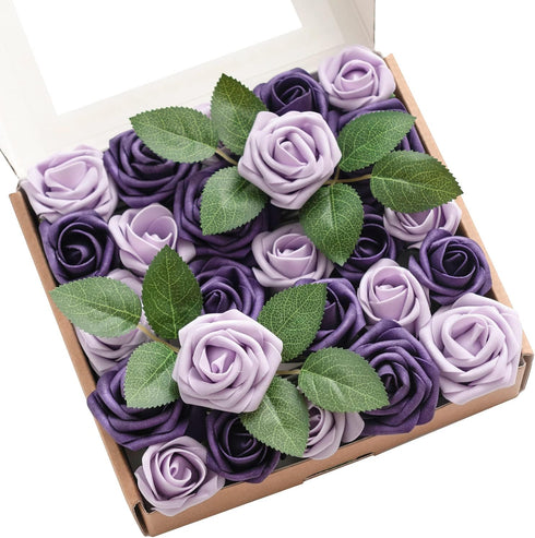 Ling's moment Artificial Wedding Flowers - 25pcs 1.5" Rose Buds and 2" Petite Roses in Lilac & Purple for DIY