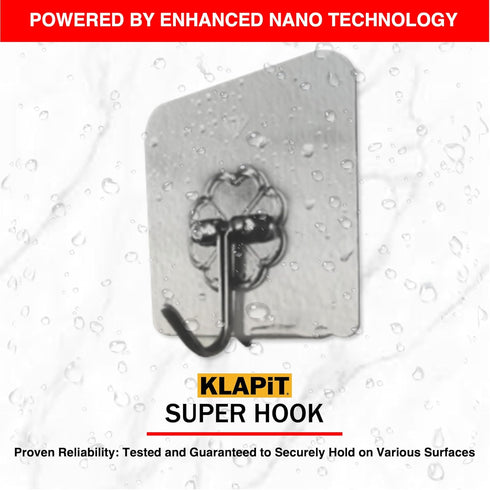 KLAPiT Super Hook - Heavy-Duty Adhesive Wall Hooks, Holds Up to 11 lbs, Waterproof, No Damage, Easy Install on Tile, Wood, Stone, Glass & Metal - Made of Steel (Clear, 4pc) by KLAPiT