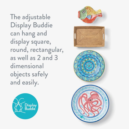 Display Buddie Adjustable Wall Plate Hanger for Oval Square Round Rectangle Displays, Steel with Silicone Hooks