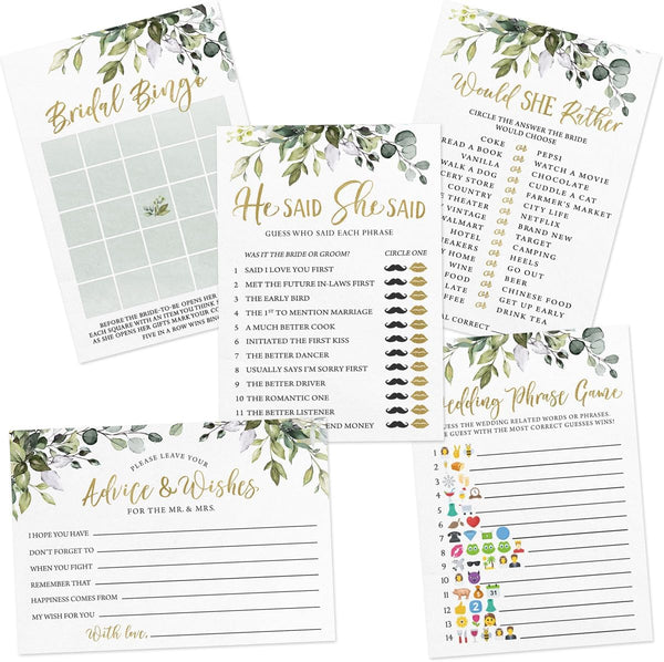 Printed Party Bridal Shower Game Set 5 Fun Games and Activities for