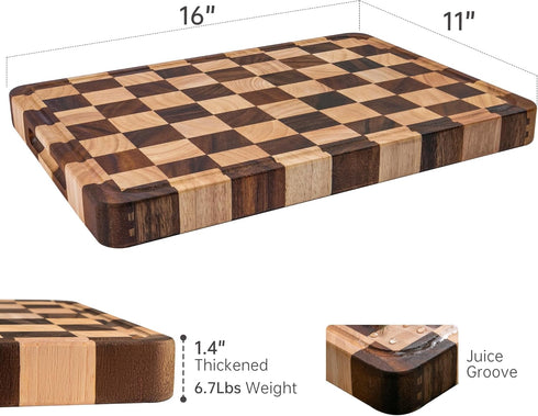 16" 11" 1.4" Checkered Cutting Boards for Kitchen, Acacia Wooden Chopping Board with Juice Grooves & Handles, Thickened