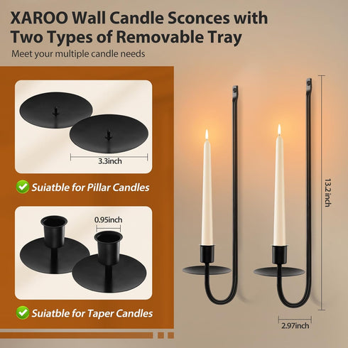 Set 2, 13.2 Inch Set Candle Sconces of Taper & Pillar Wall Candle Holder, Black Wall Sconces of Two, Decor