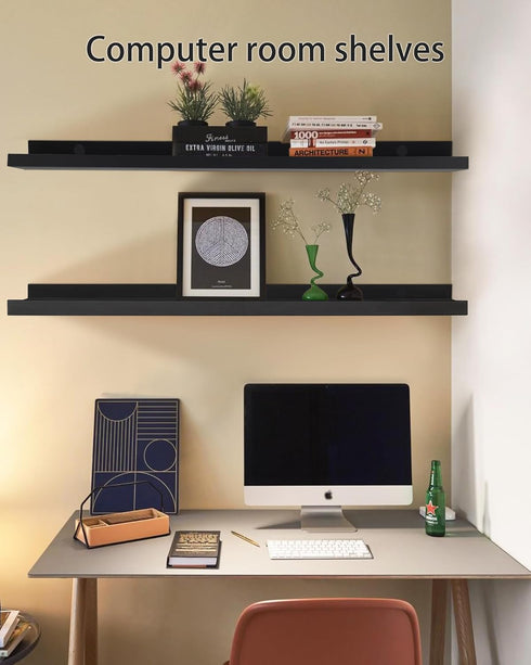 48 Inch Set 2, Long Floating Shelves for Wall, Black Picture Ledge Shelf Wall Mounted Bathroom Long Ledge of Floating
