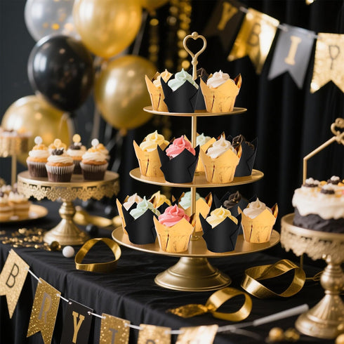 Augshy 120 Pcs Graduation Cupcake Liners, Black and Gold Tulip Aluminum Foil Baking Cups for Grad Wedding Birthday