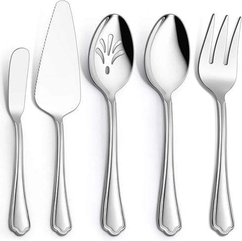 E-far 5-Piece Serving Utensils, Stainless Steel Scalloped Edge Hostess Set for Buffet Party, Dishwasher Safe