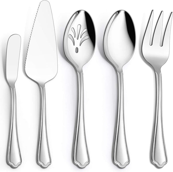 E-far 5-Piece Serving Utensils, Stainless Steel Scalloped Edge Hostess Set for Buffet Party, Dishwasher Safe