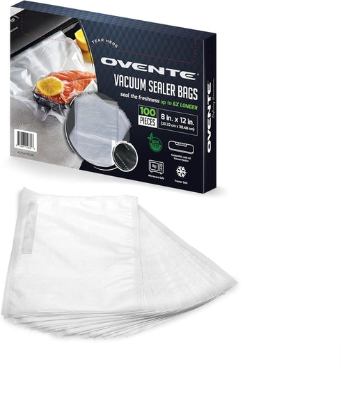 OVENTE Pre-Cut 100 pcs Vacuum Sealer Bags 8” x 12” - Heavy Duty, BPA-Free for Airtight Food Storage, Meal Prep, Sous