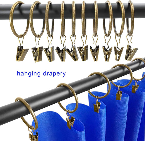 40 Pack Metal Curtain Rings with Clips, Decorative Drapery Hooks 1.5 in Interior Diameter (Antique Bronze)