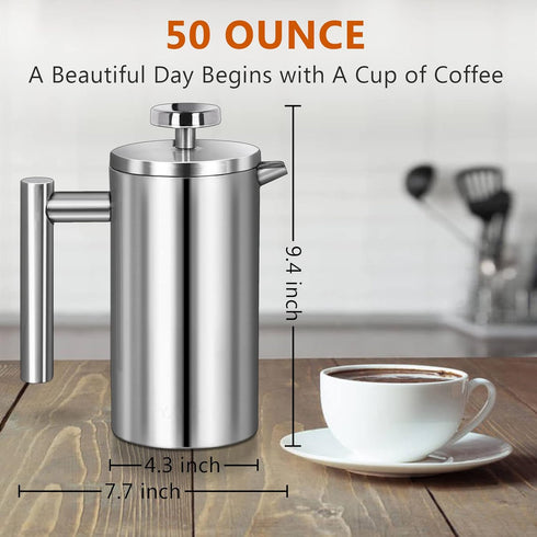 Stainless Steel French Press Coffee Maker, Double Wall Insulated, 50oz/1500ml, with 3 Extra Screens, Silver