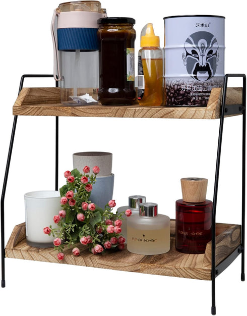 Coffee Bar Accessories and Organizer, 2 Tier Wood Coffee Tray for Bathroom Counter, Kitchen, Coffee Lover