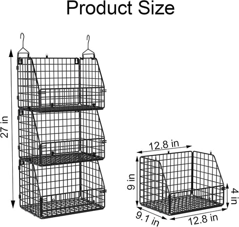 Stackable Wire Storage Baskets for Kitchen, Closet, Pantry, Wall Mount Metal Bins for Clothing, Vegetable & Fruit