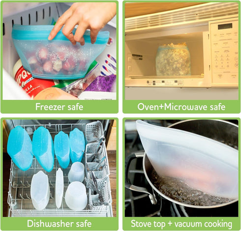 Reusable Silicone Food Storage Bag, Stand Up Zipper Seal Container, Set of 6 Bowls for Meal Prep, Freezer Oven