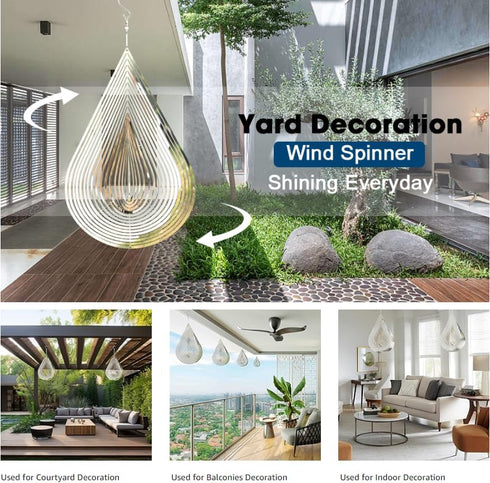 Wind Spinner with Flowing-Light Effect, Stainless Steel House Hanging Decoration 12“x 8“ with 360° Rotating Hook (1 pc)