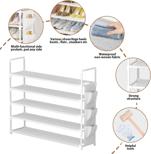 5 33.3in 11.2in 35.6in 20-25 OYREL Tier Shoe Organizer, Wide x Deep x Tall, Black Metal and Plastic Shoe Rack with Side