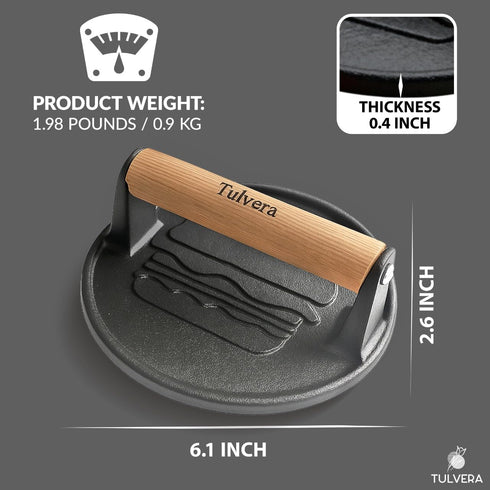 6.1 Smash Burger Press | Cast Iron Hamburger Smasher Tool | Flat-Edge Meat Press for Hamburgers, Bacon, Outdoor Kitchen