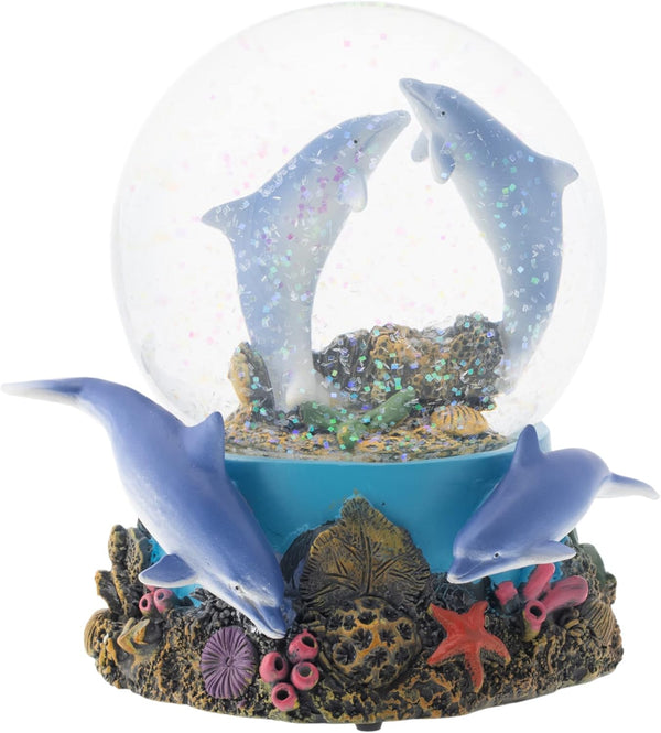 Elanze Designs Coral Reef Dolphin Pod, 100MM Wind Up Musical Glitter Water Snow Globe Decoration