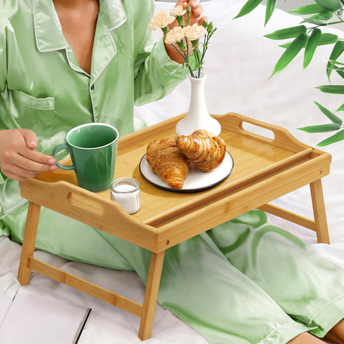 Lesnople Tray Table for Bed, Bamboo Breakfast Tray with Folding Legs and Handles, Natural Color Bed Tray with Media