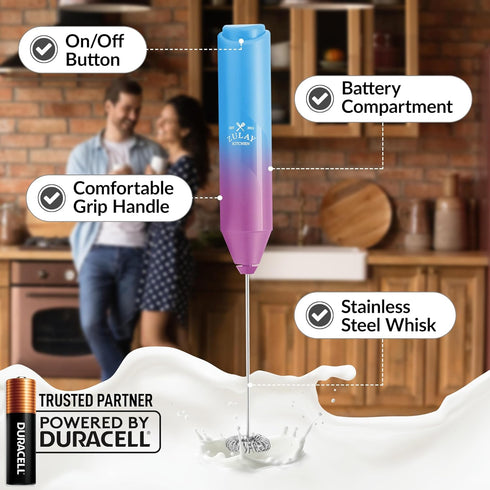 Zulay Kitchen Duracell Powered Milk Frother - Handheld Foam Maker for Coffee, Latte, Matcha, Mini Foamer (Teal/Pink)