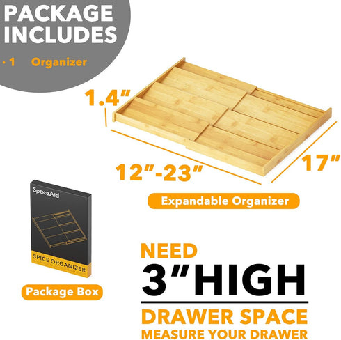 3" 4 12" 23" SpaceAid Bamboo Spice Drawer Organizer, (Need Deep Drawer) Expandable Tier Spices Rack for Cabinet
