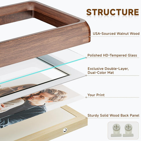 WILTYAPF 8x10 6x8 Premium Natural Walnut Wood Picture Frame, Handcrafted with Solid Wood Back & HD Tempered Glass, Rich