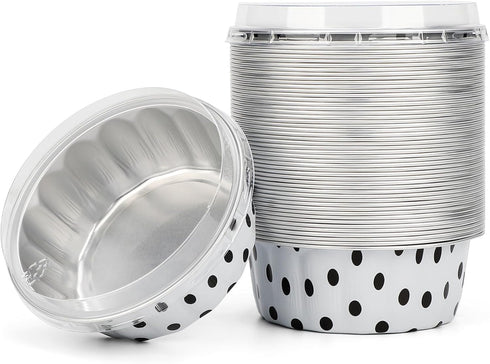 Beasea Disposable Ramekins with Lids, 50 Pack Black Dot in White Aluminum Foil Cups for Party, Wedding, Birthday