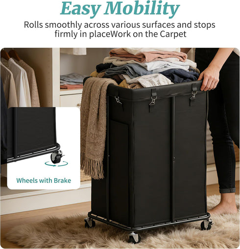 2 Laundry Hamper with Wheels, Rolling Laundry Basket with Metal Frame and Removable Bag, Double Laundry Hamper Section