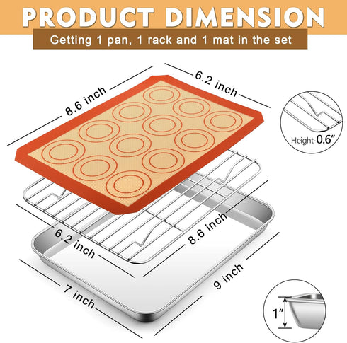 Mini Toaster Oven Pan with Rack & Mat Set, P&P CHEF 9 Inch Stainless Steel Small Toaster Oven Tray with Wire Rack & Silicone Mat for Small Oven & One Person Use, Easy to Clean & Sturdy, 3Pcs, Oblong