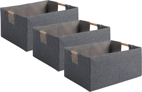 Fabric Storage Bin Box, Foldable Cotton Linen Basket with Wooden Handles, Gray, Medium for Laundry, Clothes, Blankets