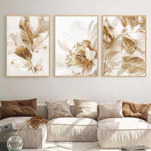 Abstract Golden White Flower Leaves Wall Art Posters Nordic Beige Canvas Painting, Modern Plant Landscape Prints Picture for Living Room Home Decor Unframed