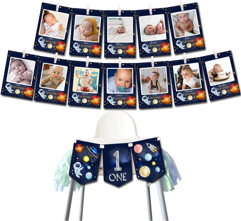 OZCZKZZ Space Photo Banner+Space High Chair Banner,First Birthday Decorations Picture Banner,Astros Birthday Party